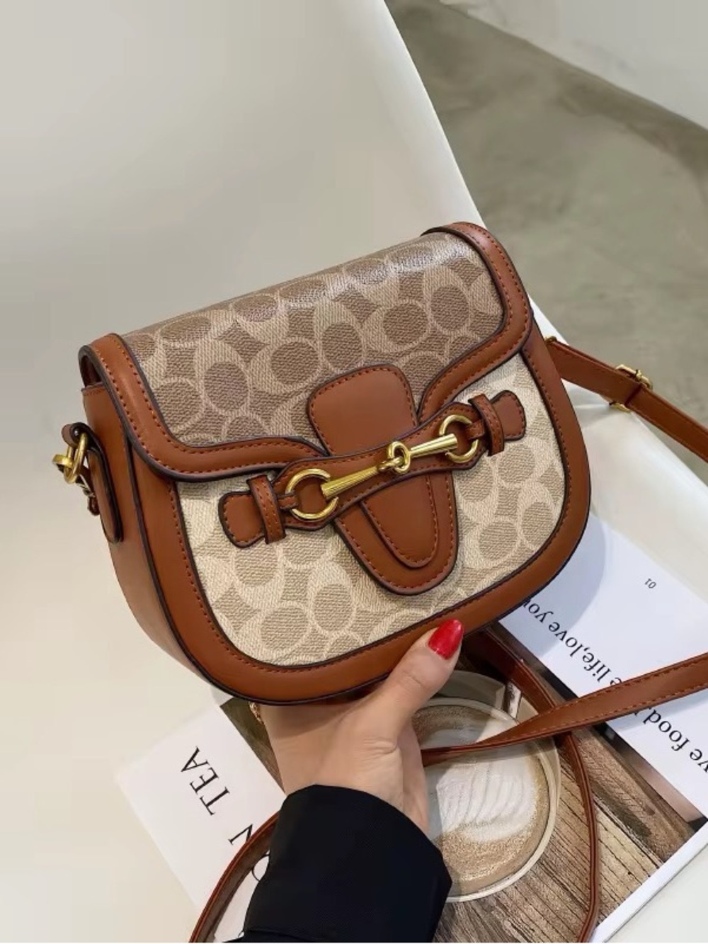 Tan Canvas Crossbody Bag with Gold Hardware